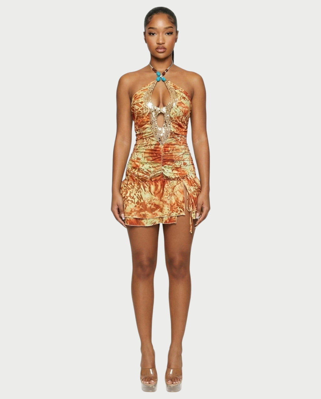 ENARA Sequin Ruched Cutout Bodycon Mini Dress