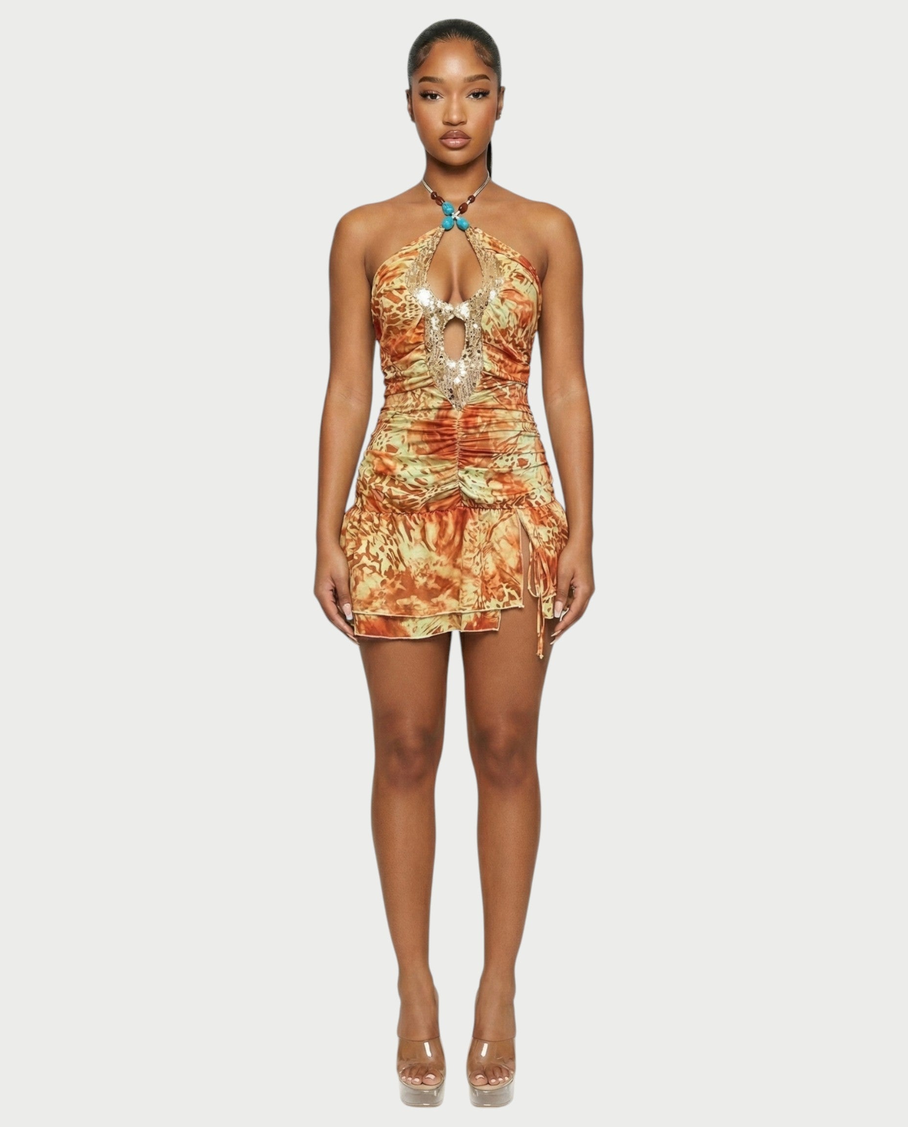 ENARA Sequin Ruched Cutout Bodycon Mini Dress