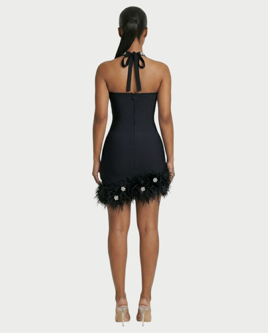 QUENCY Crystal Halter Feather Trim Mini Dress
