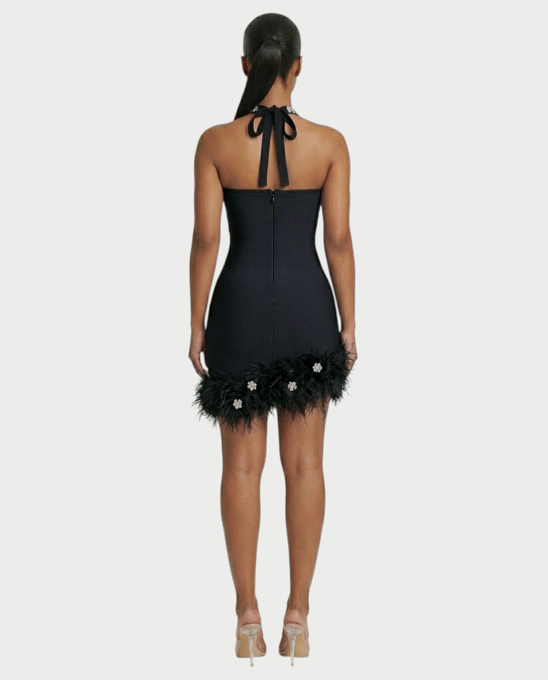 QUENCY Crystal Halter Feather Trim Mini Dress