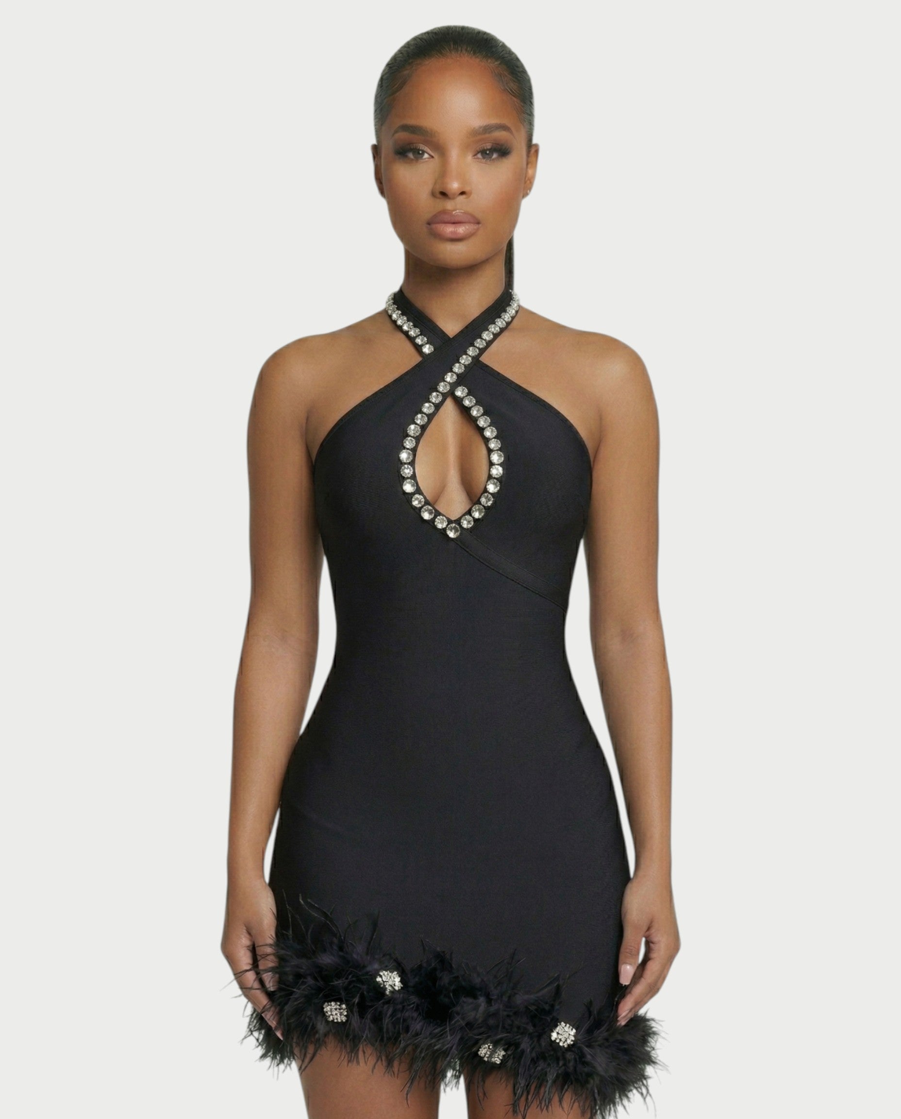 QUENCY Crystal Halter Feather Trim Mini Dress