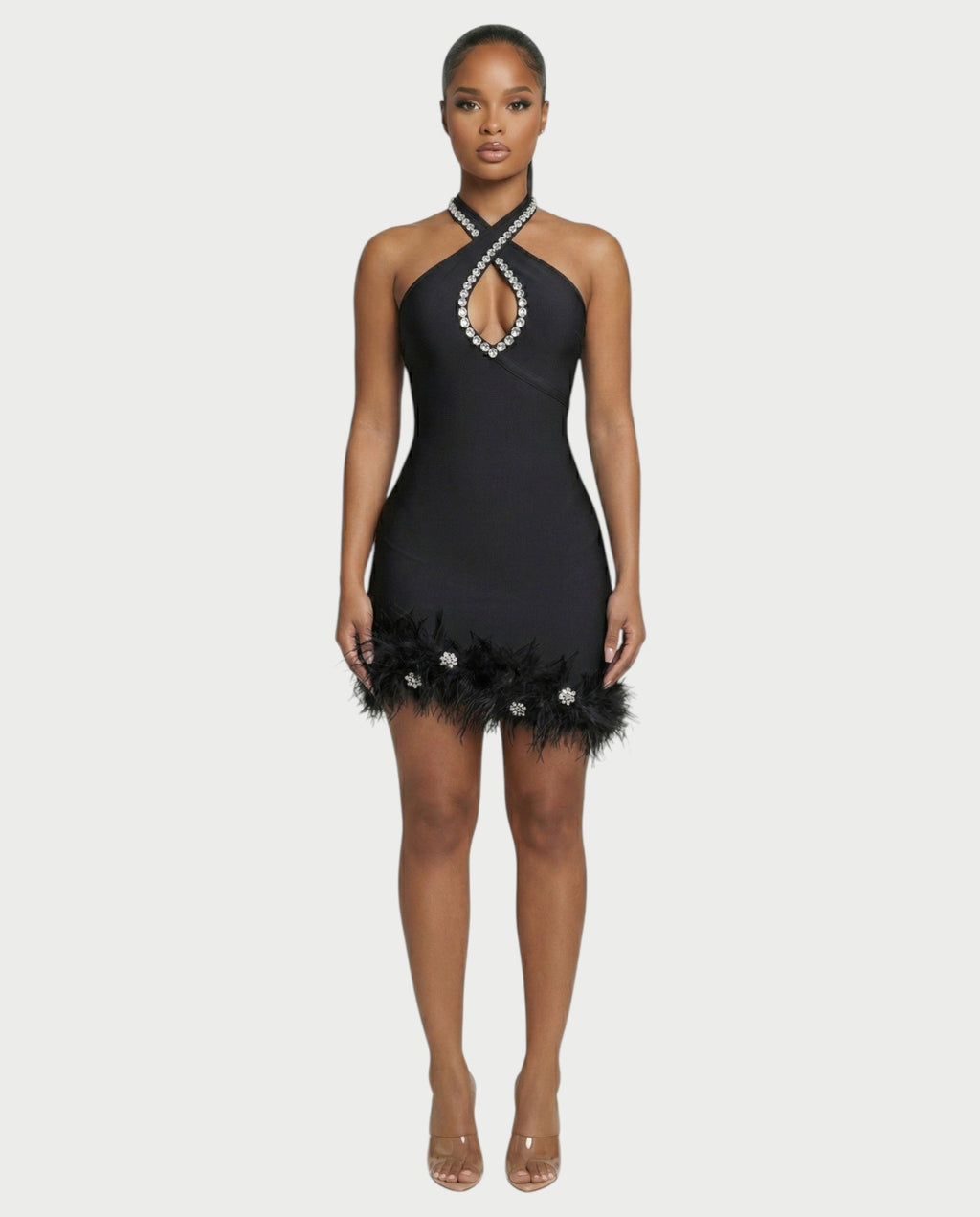 QUENCY Crystal Halter Feather Trim Mini Dress