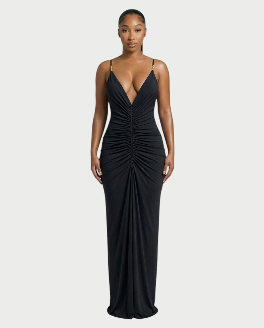 LEXA Ruched Deep V Buckle Strap Maxi Dress