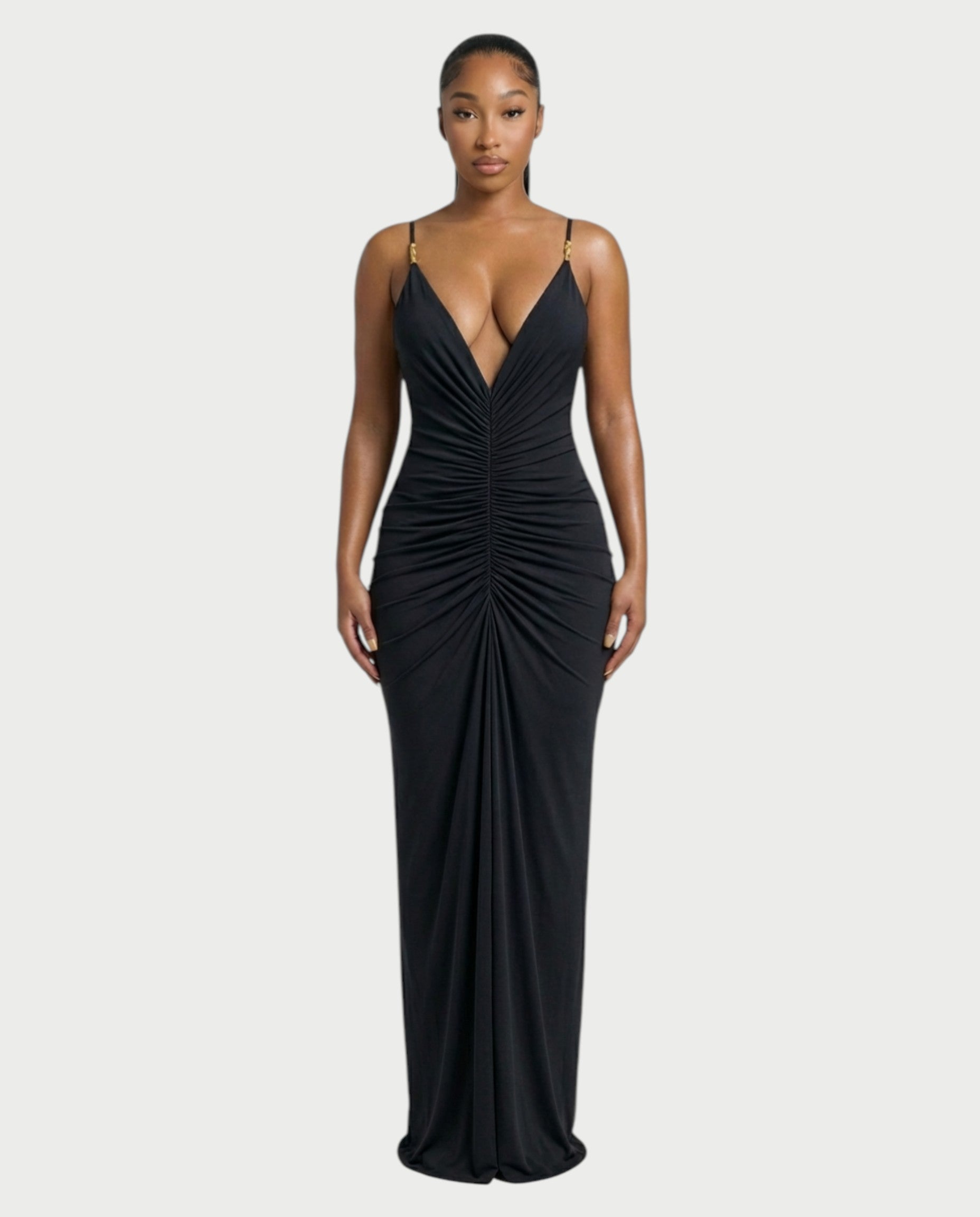 LEXA Ruched Deep V Buckle Strap Maxi Dress