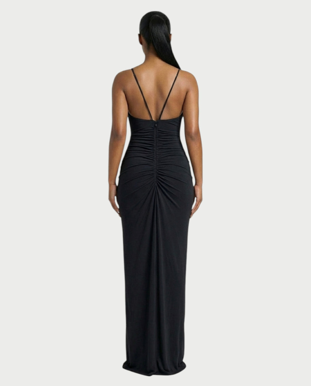 LEXA Ruched Deep V Buckle Strap Maxi Dress