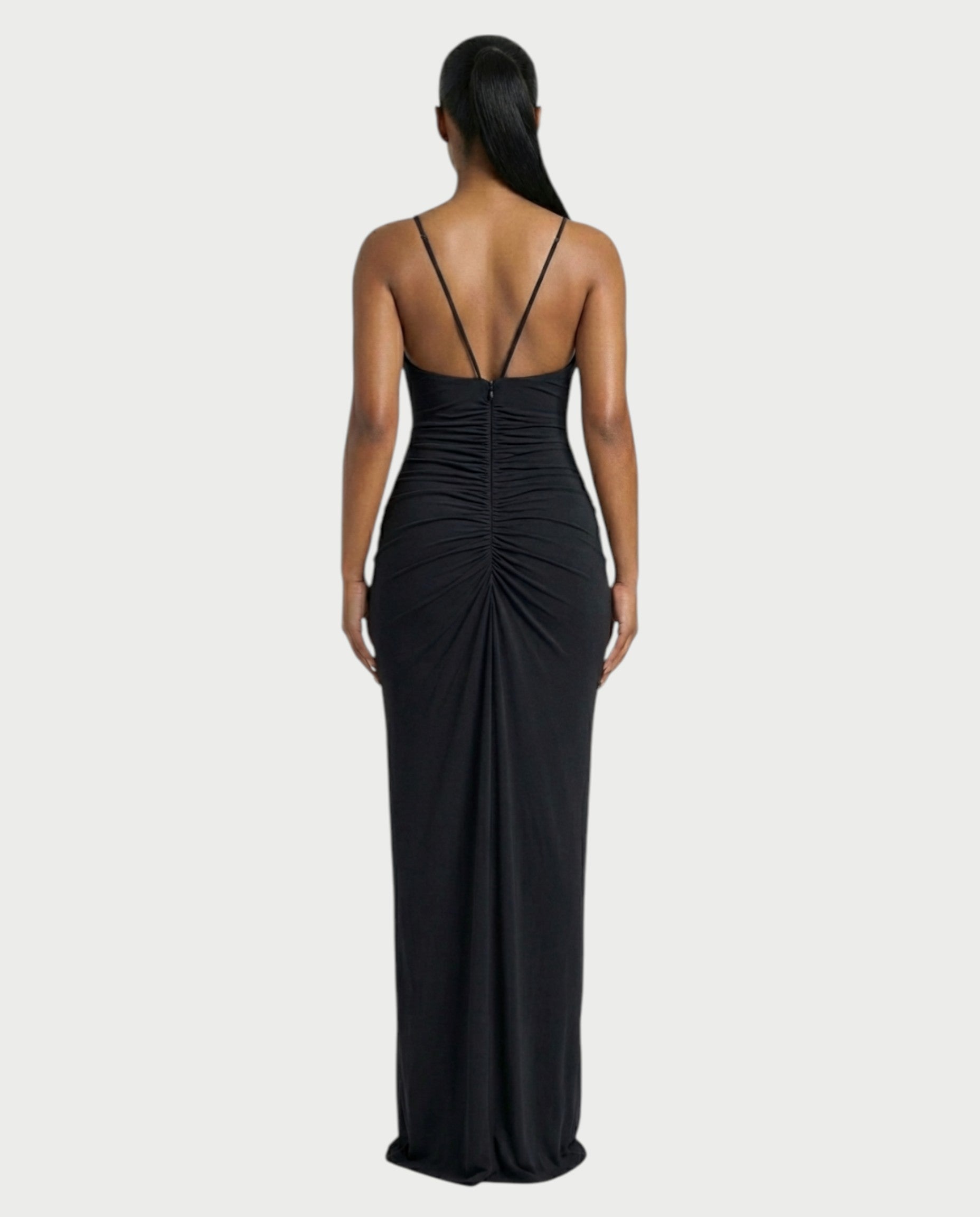 LEXA Ruched Deep V Buckle Strap Maxi Dress