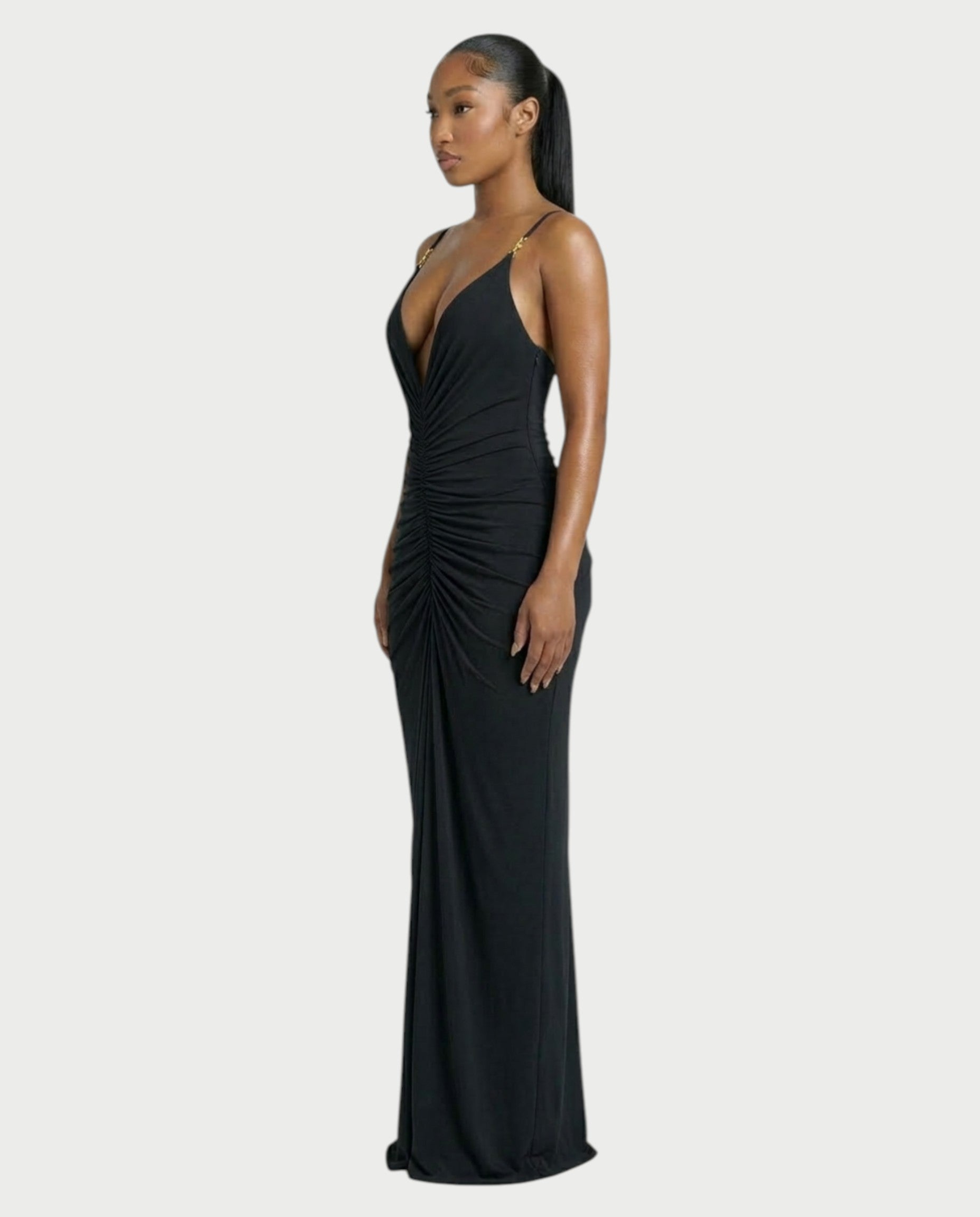 LEXA Ruched Deep V Buckle Strap Maxi Dress