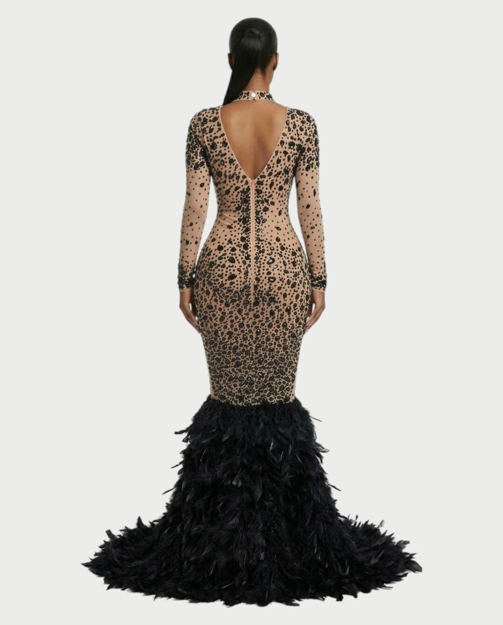 SOSANE Diamond High-Neck Feather Mermaid Maxi Dress