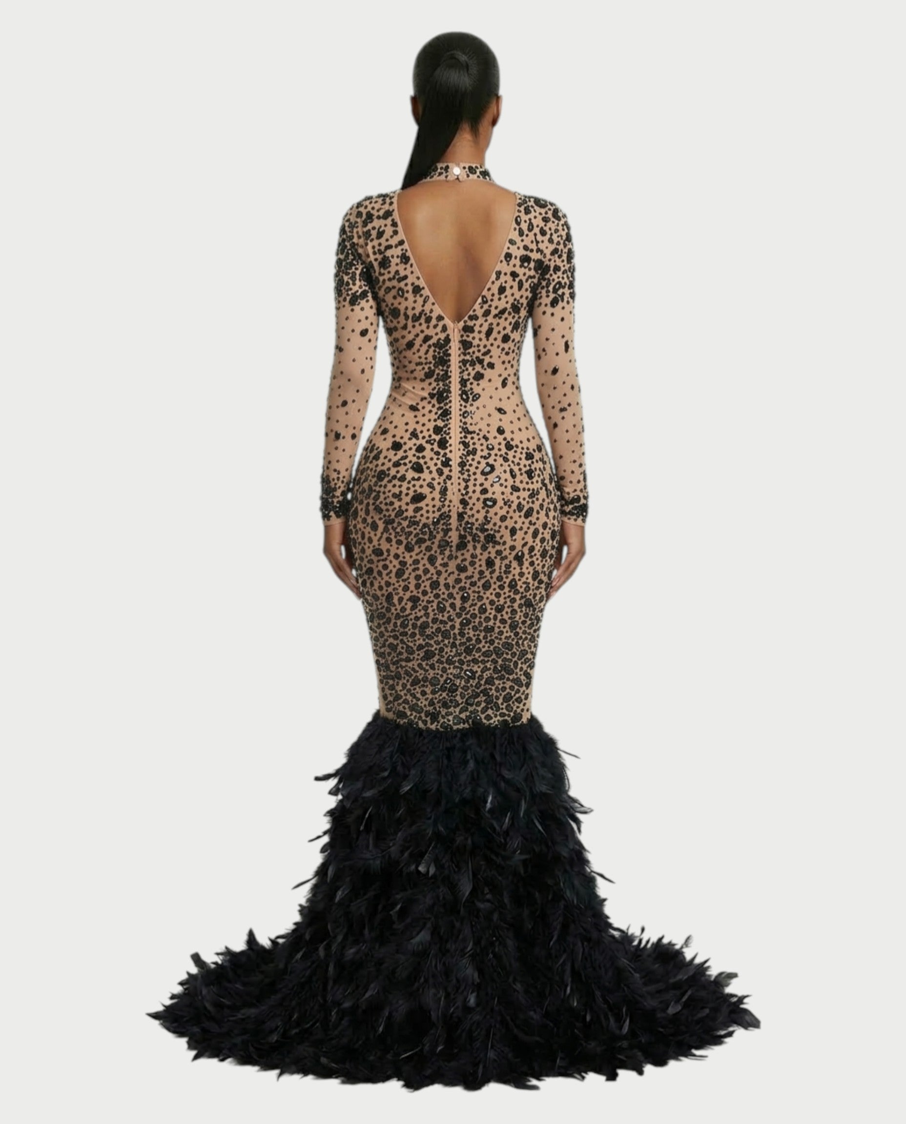 SOSANE Diamond High-Neck Feather Mermaid Maxi Dress