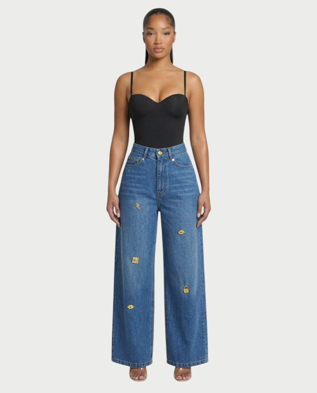 LUNARIA Wide-Leg Gold Motif Denim Pants