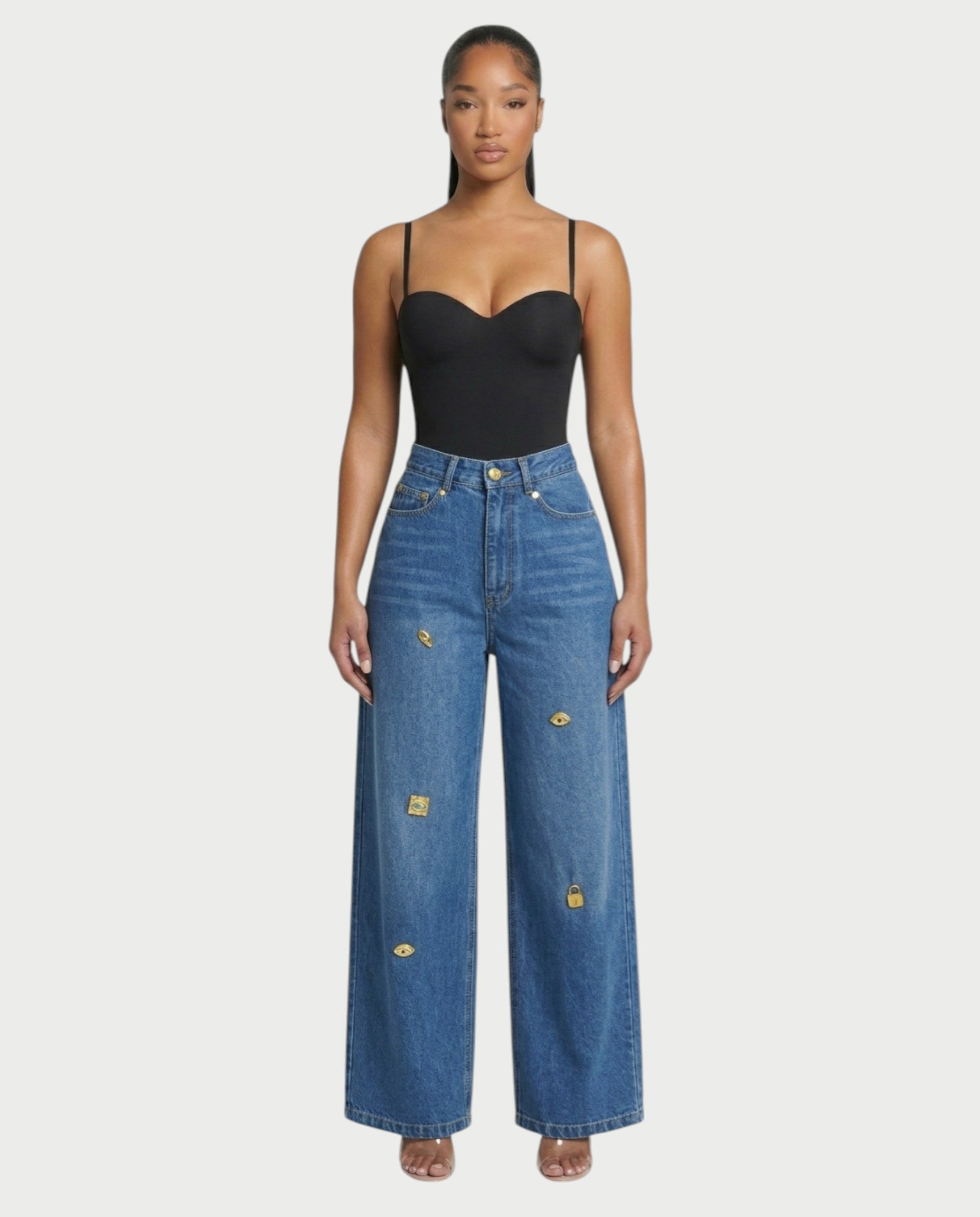 LUNARIA Wide-Leg Gold Motif Denim Pants