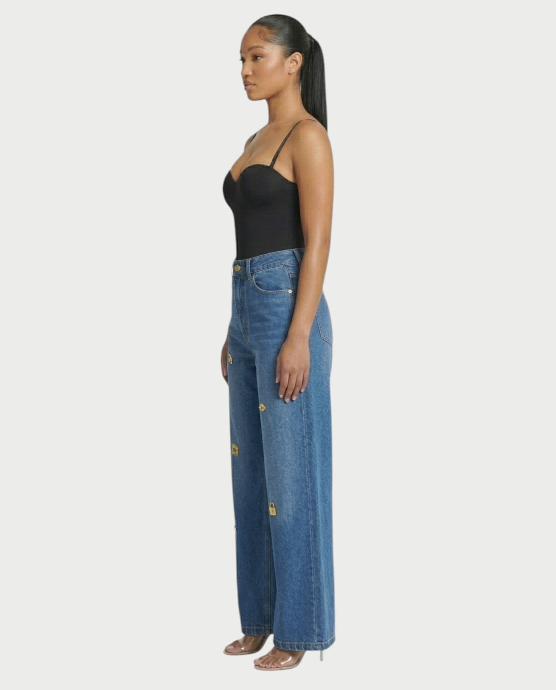 LUNARIA Wide-Leg Gold Motif Denim Pants