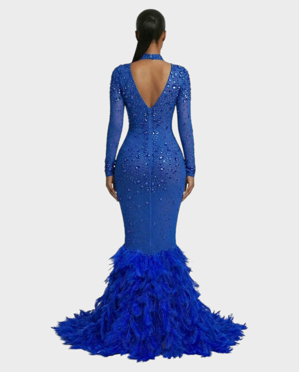 SOSANE Diamond High-Neck Feather Mermaid Maxi Dress