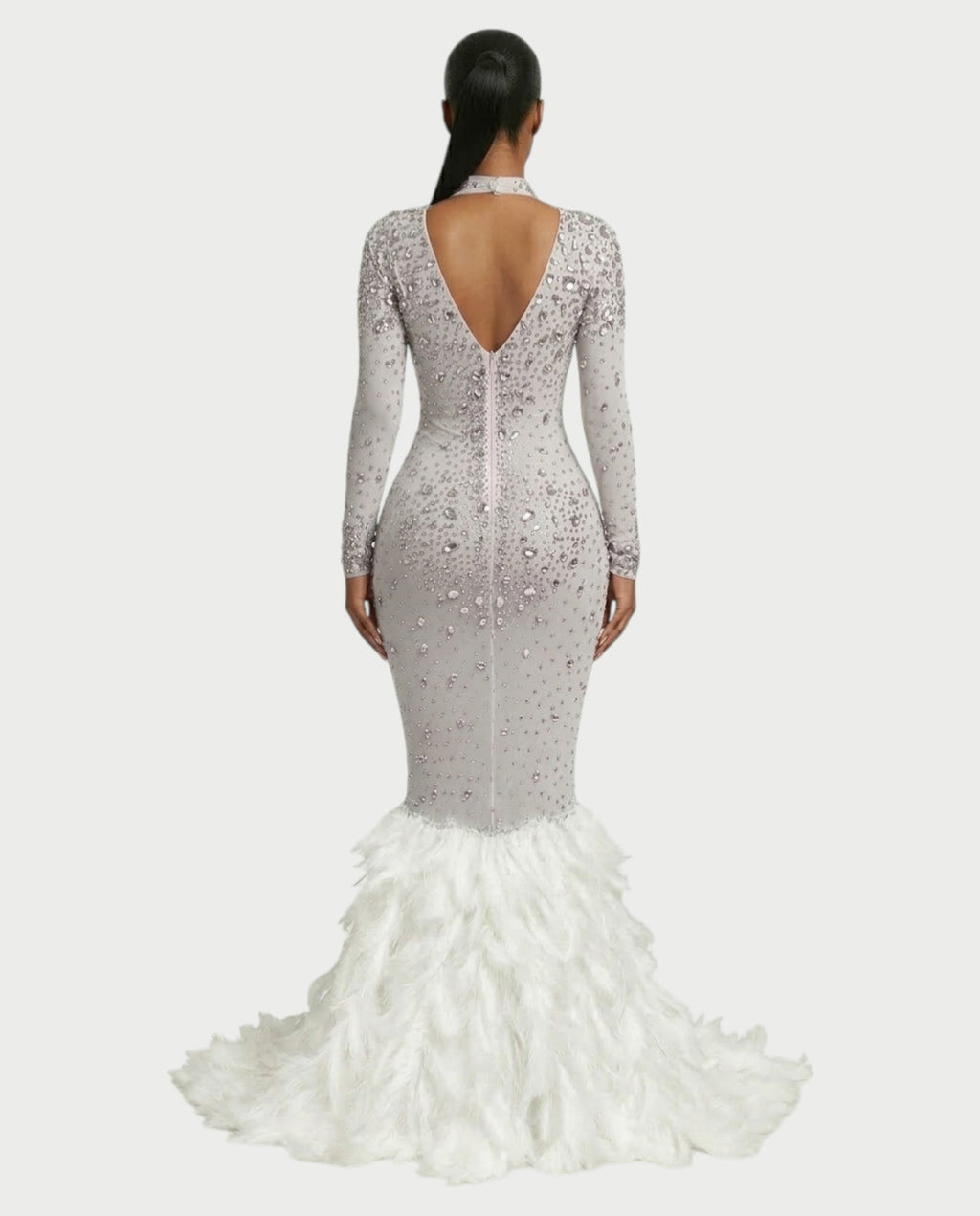 SOSANE Diamond High-Neck Feather Mermaid Maxi Dress