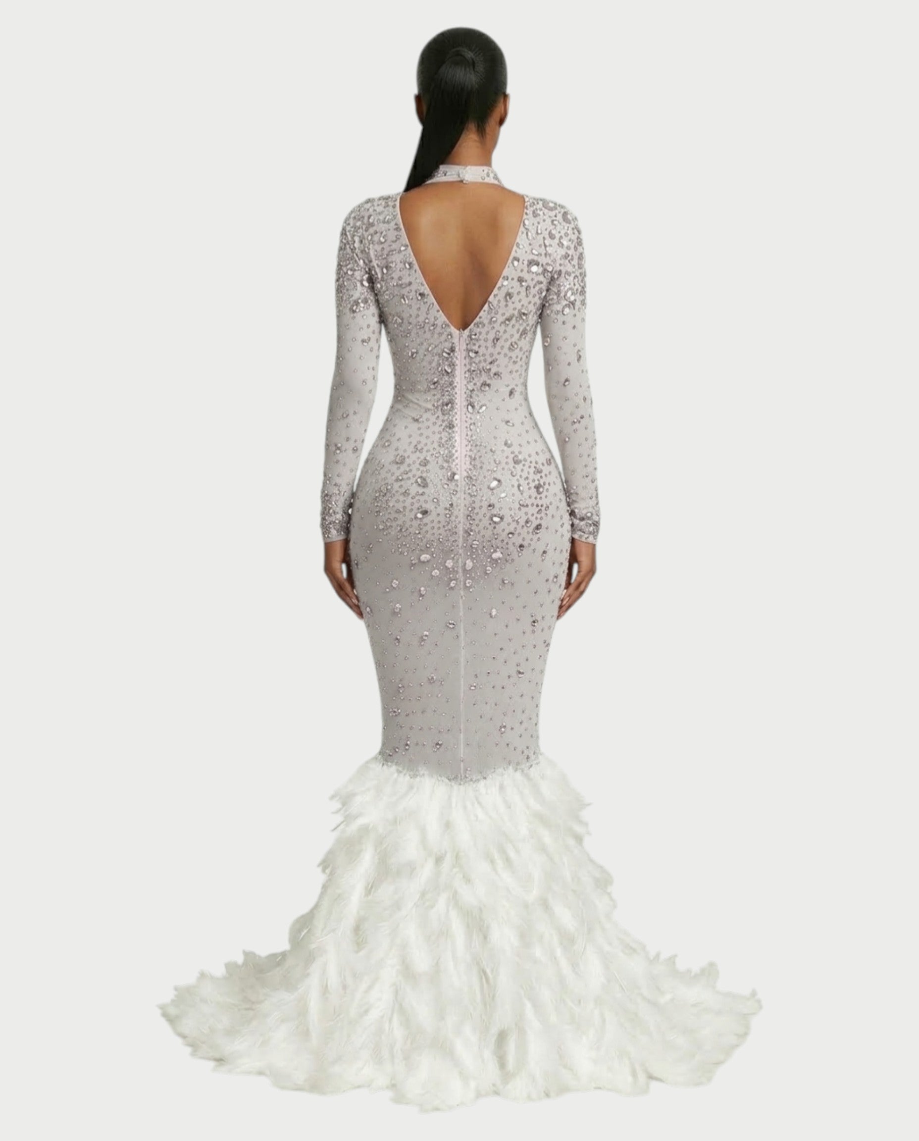 SOSANE Diamond High-Neck Feather Mermaid Maxi Dress