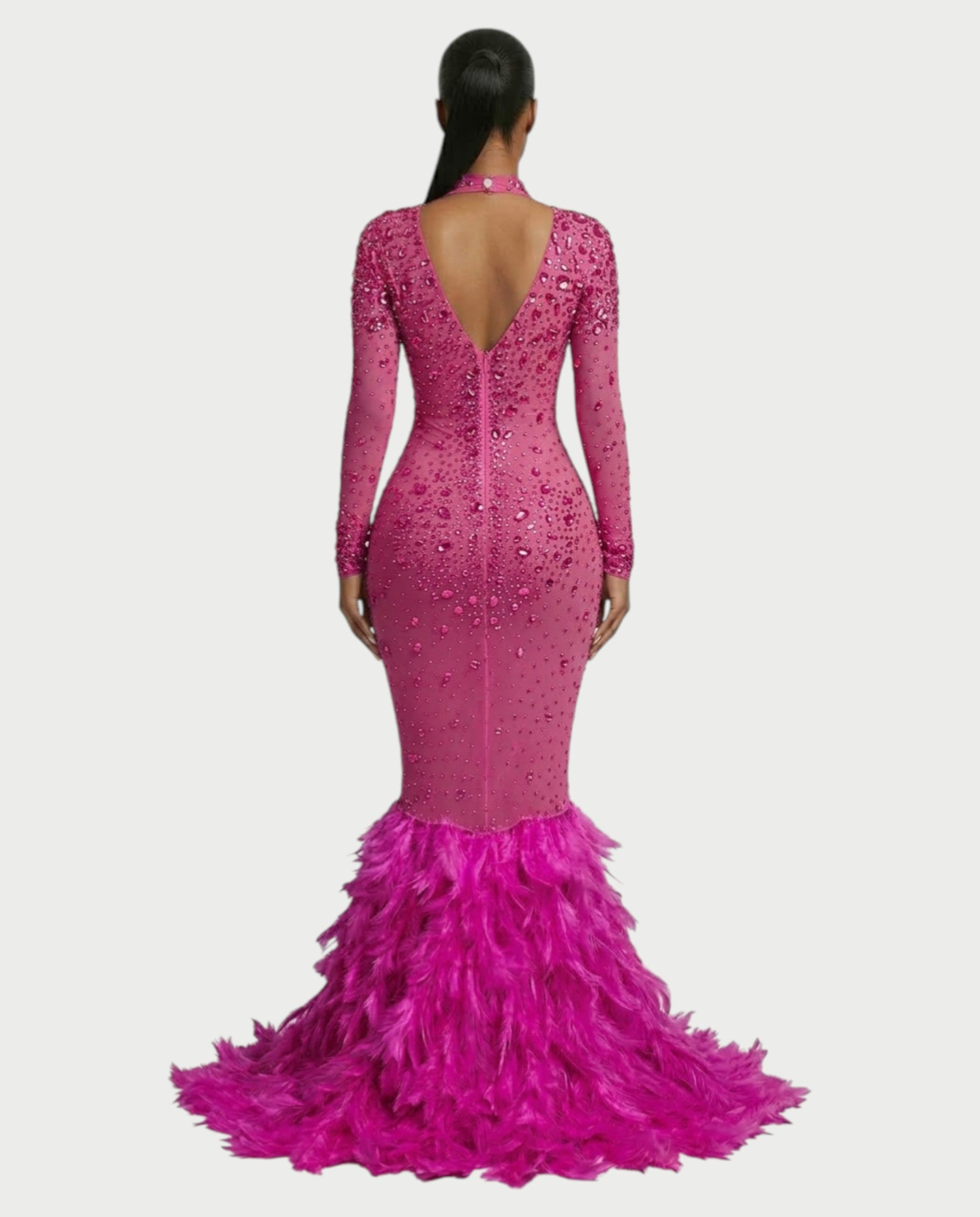 SOSANE Diamond High-Neck Feather Mermaid Maxi Dress