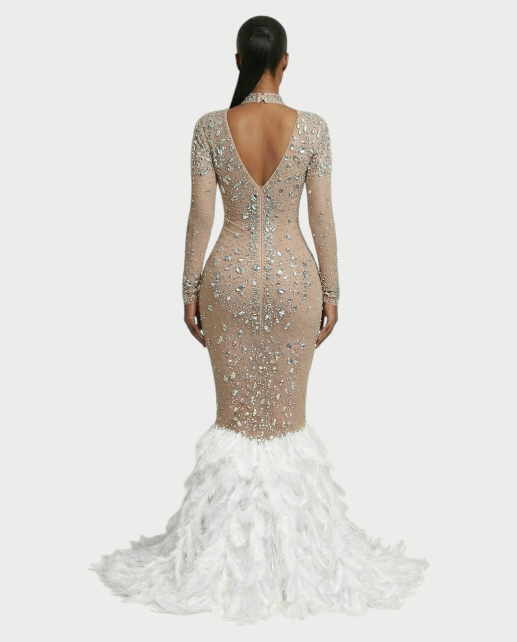 SOSANE Diamond High-Neck Feather Mermaid Maxi Dress