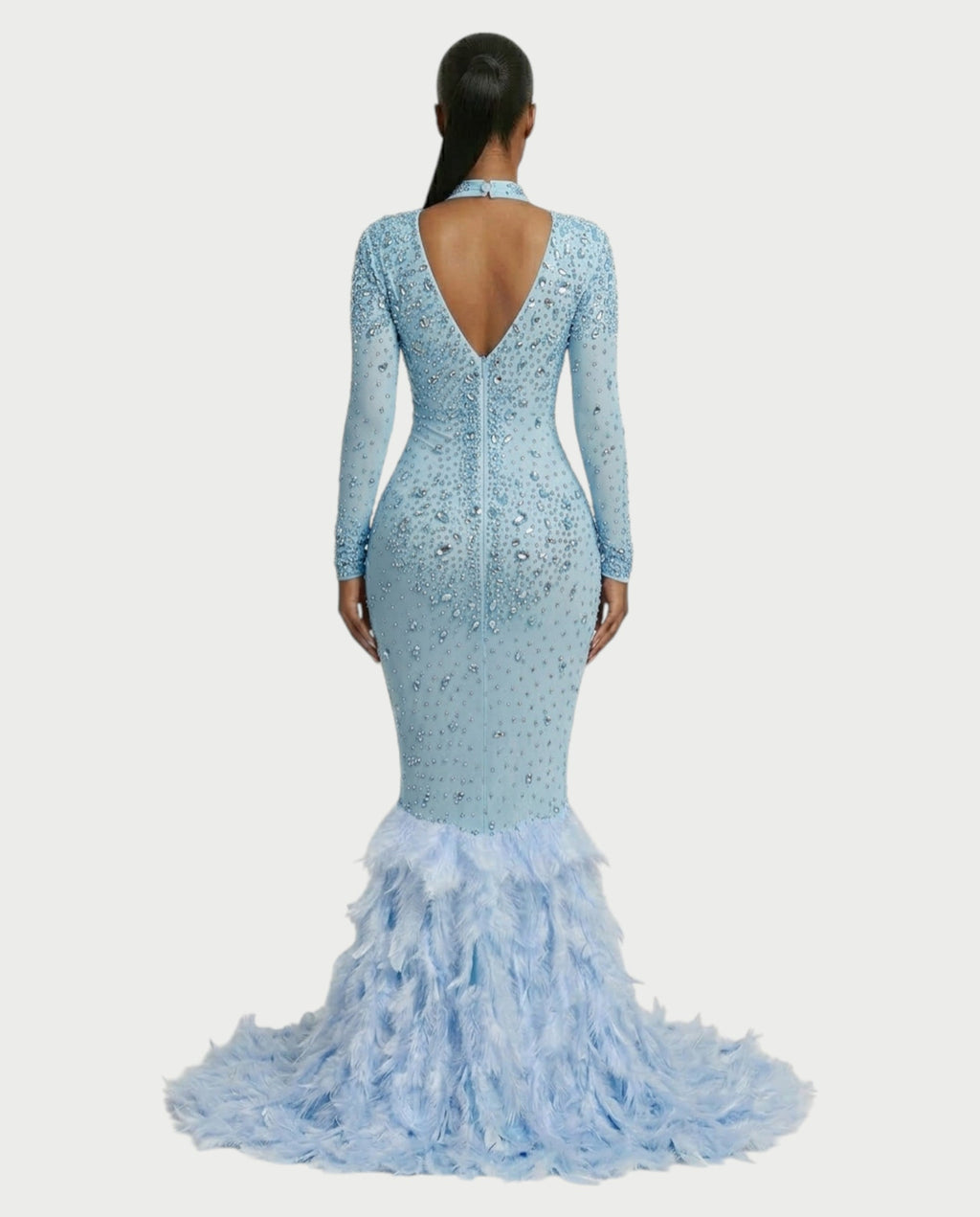 SOSANE Diamond High-Neck Feather Mermaid Maxi Dress