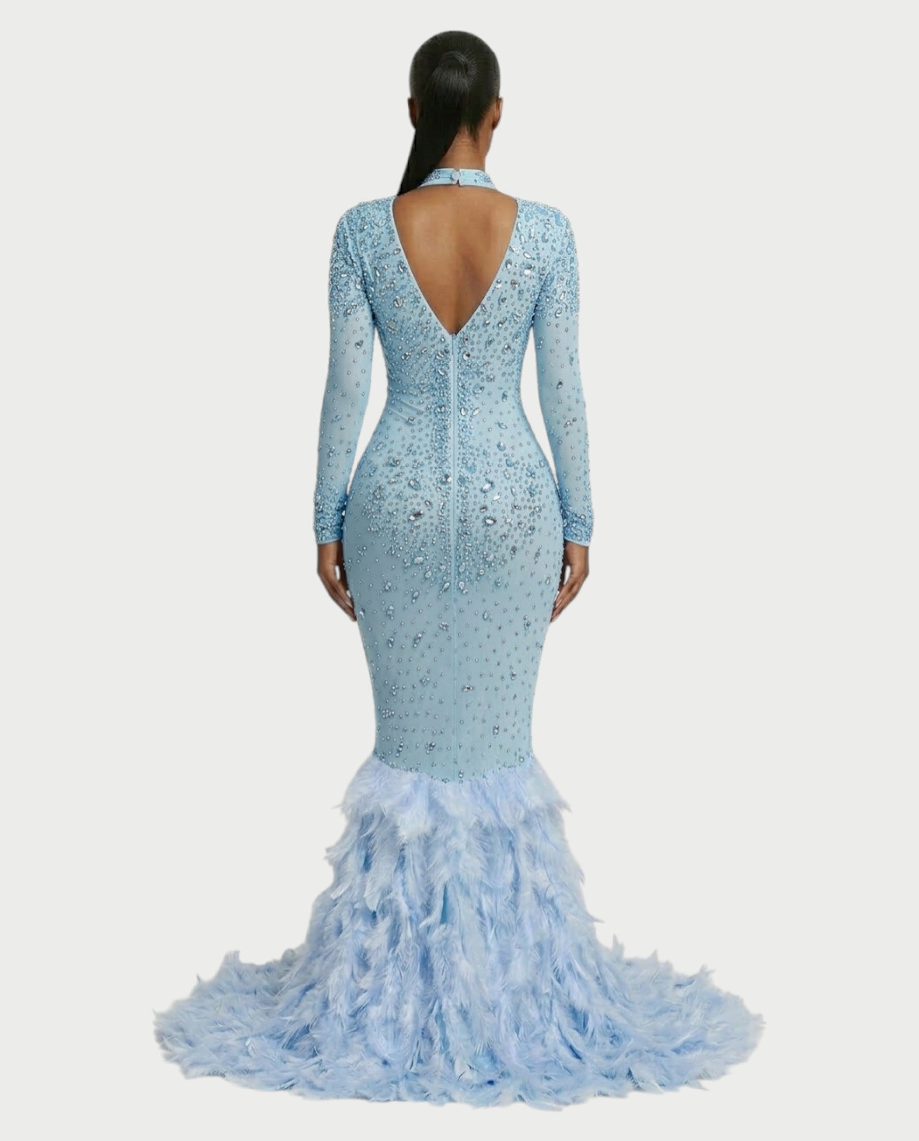 SOSANE Diamond High-Neck Feather Mermaid Maxi Dress