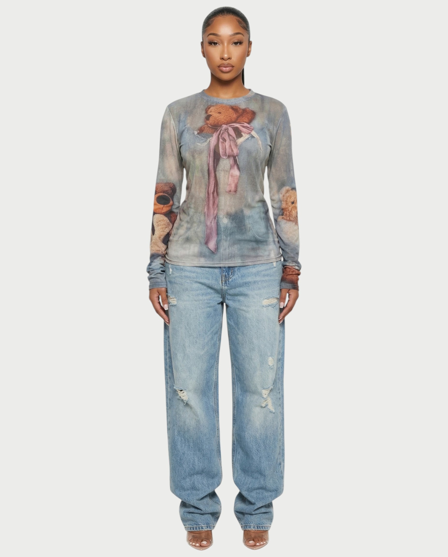 MAURA Vintage Teddy Print Sheer Long Sleeve Top
