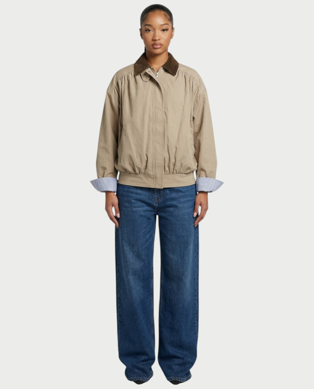 ERIS Corduroy Collar Zip-Up Pleated Jacket