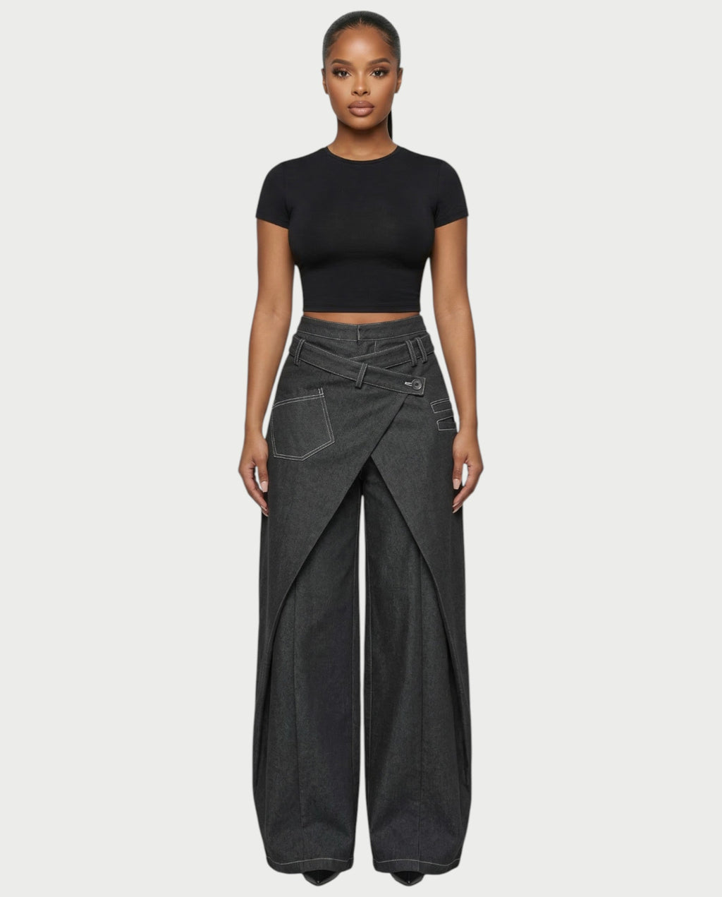 ZAREL Wrap-Waist Layered Wide-Leg Pants