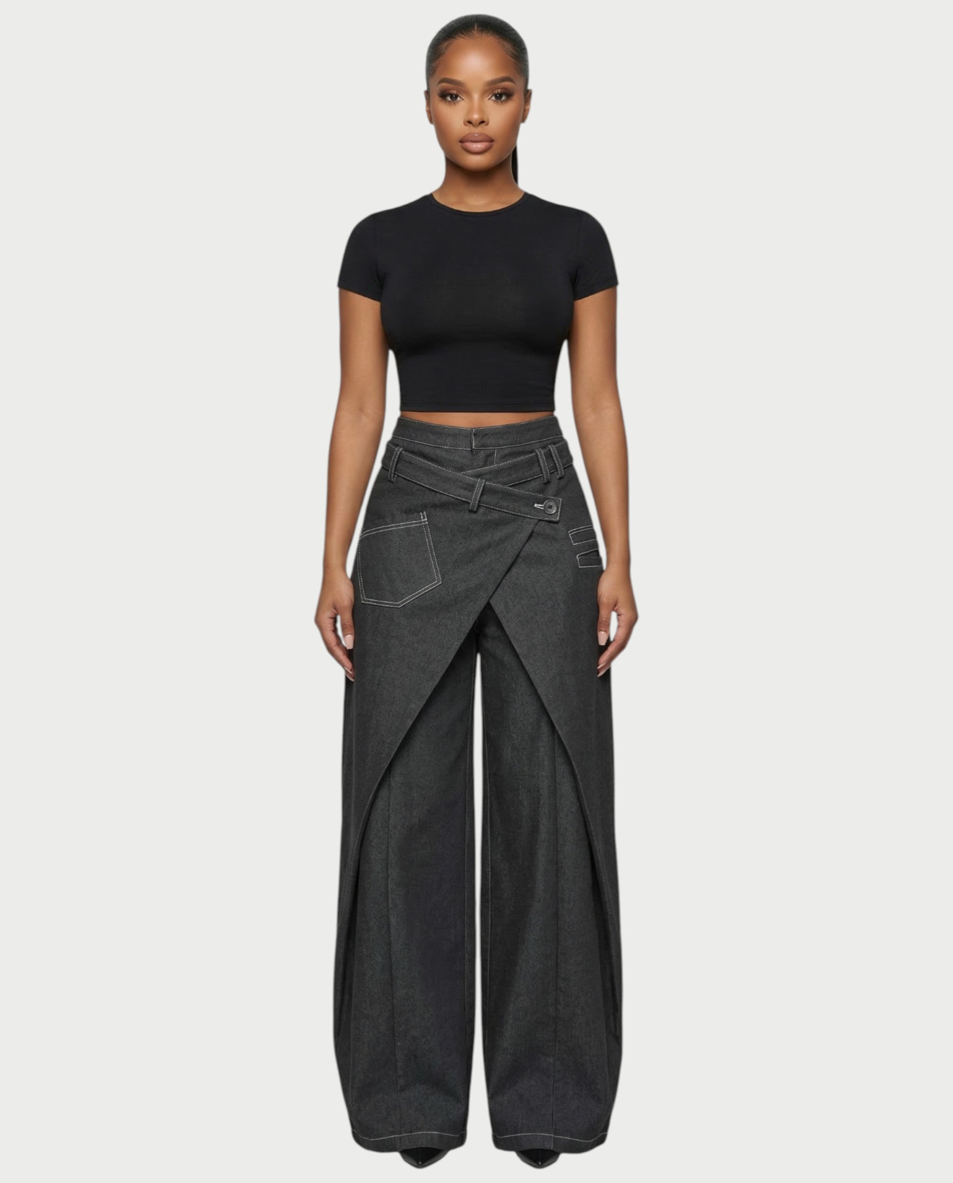 ZAREL Wrap-Waist Layered Wide-Leg Pants