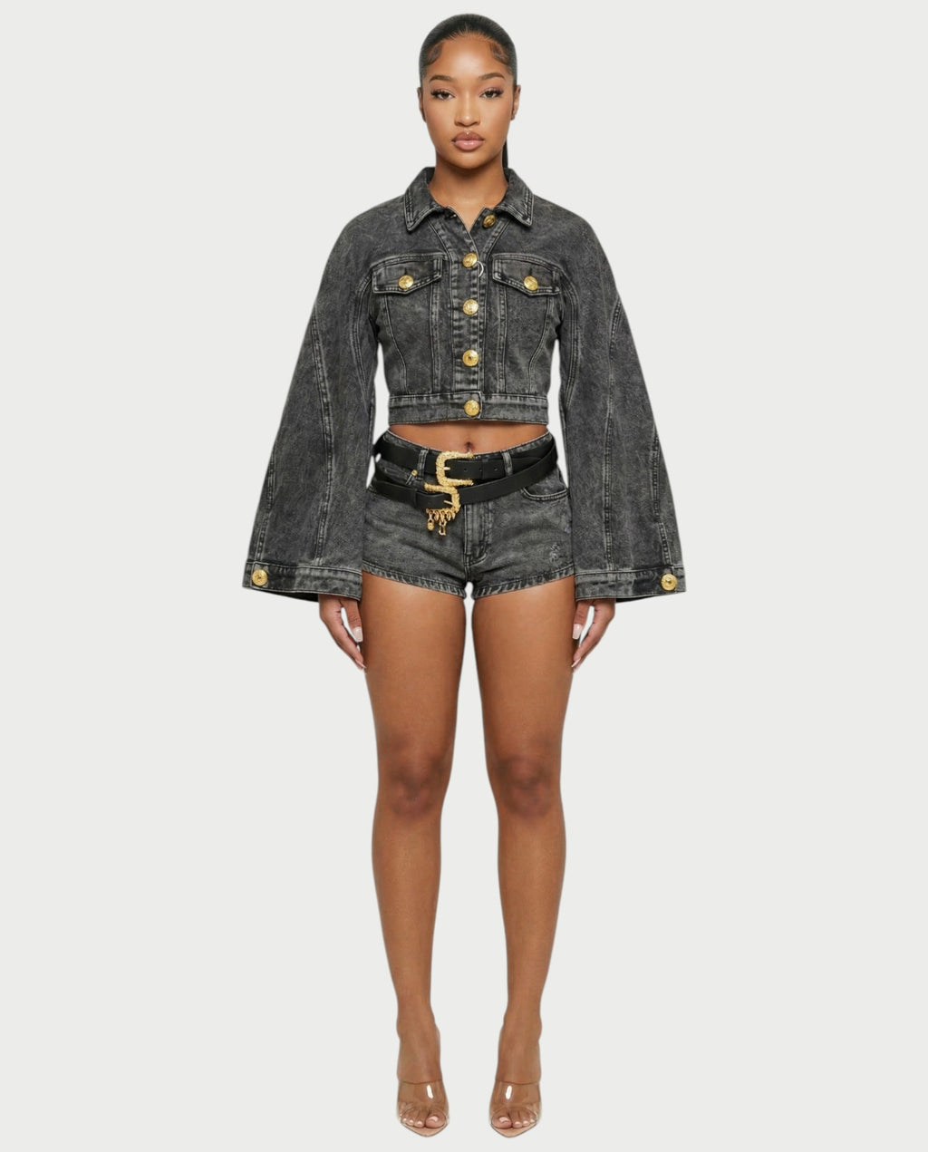 ROANA Washed Denim Jacket & Belted Shorts Set