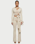 XYLA Ruched Tie-Front Top & Flare Pants Set