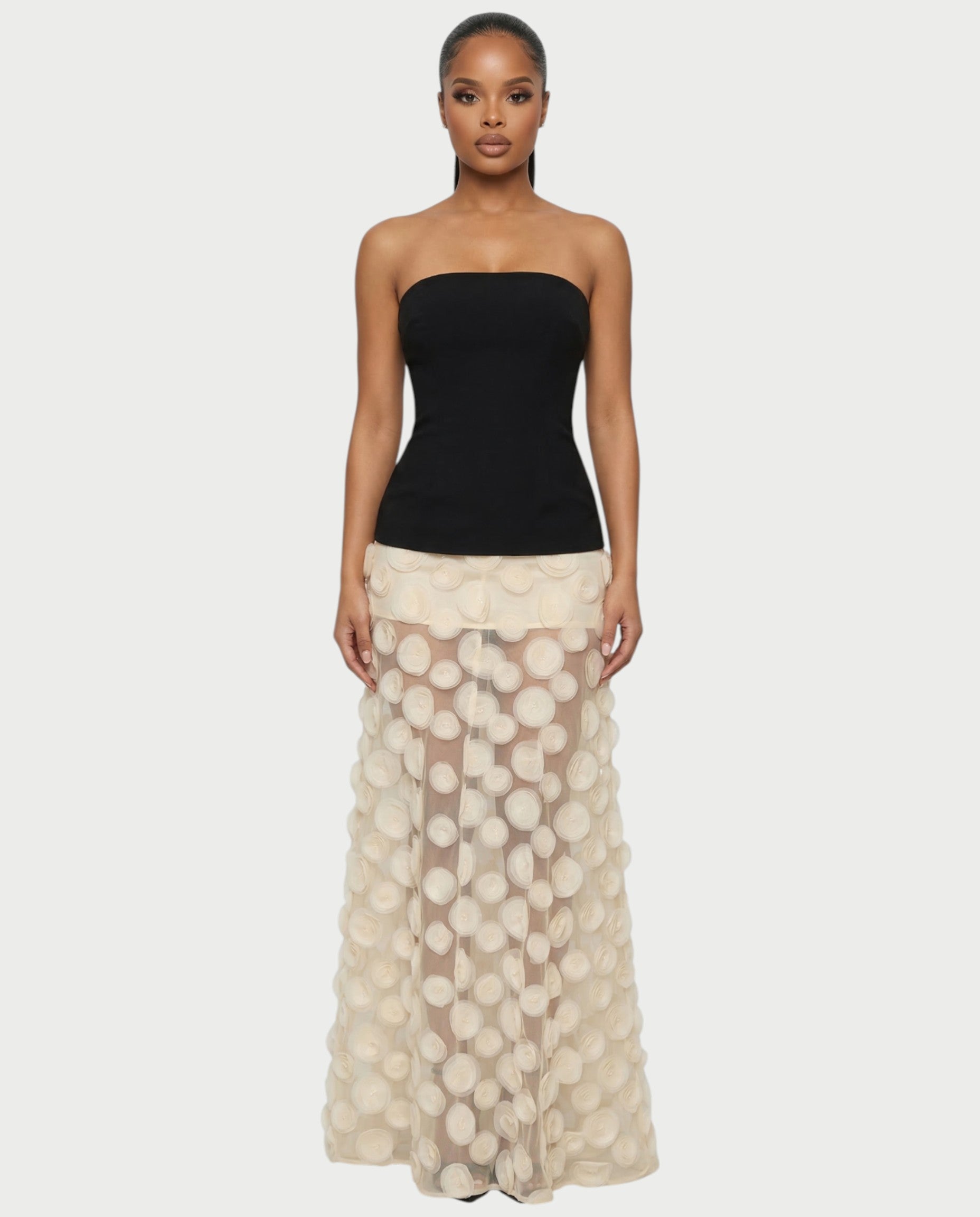 FAUNA Strapless Sheer Appliqué Maxi Dress