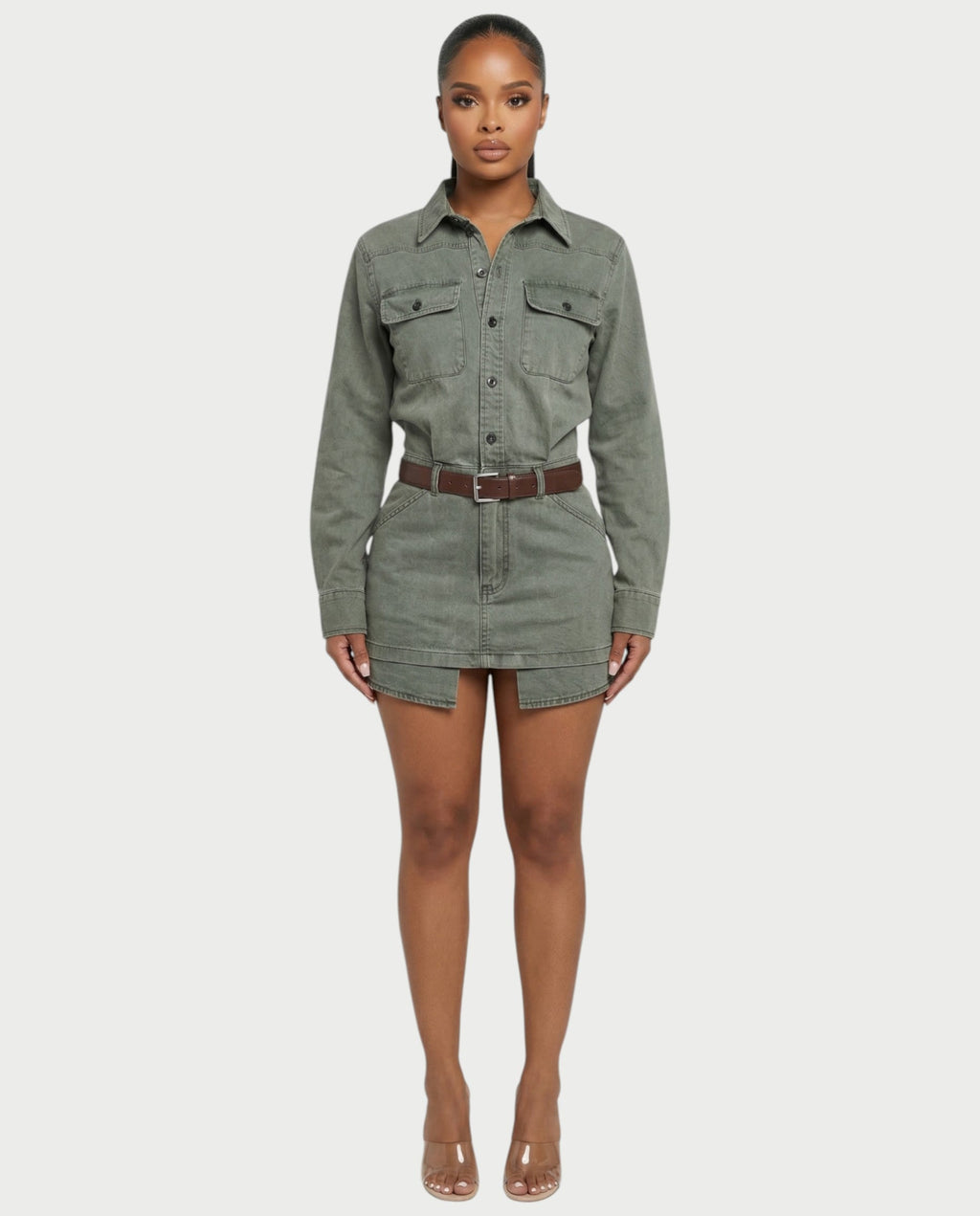 GENYA Denim Utility Pocket Button-Up Belted Mini Dress
