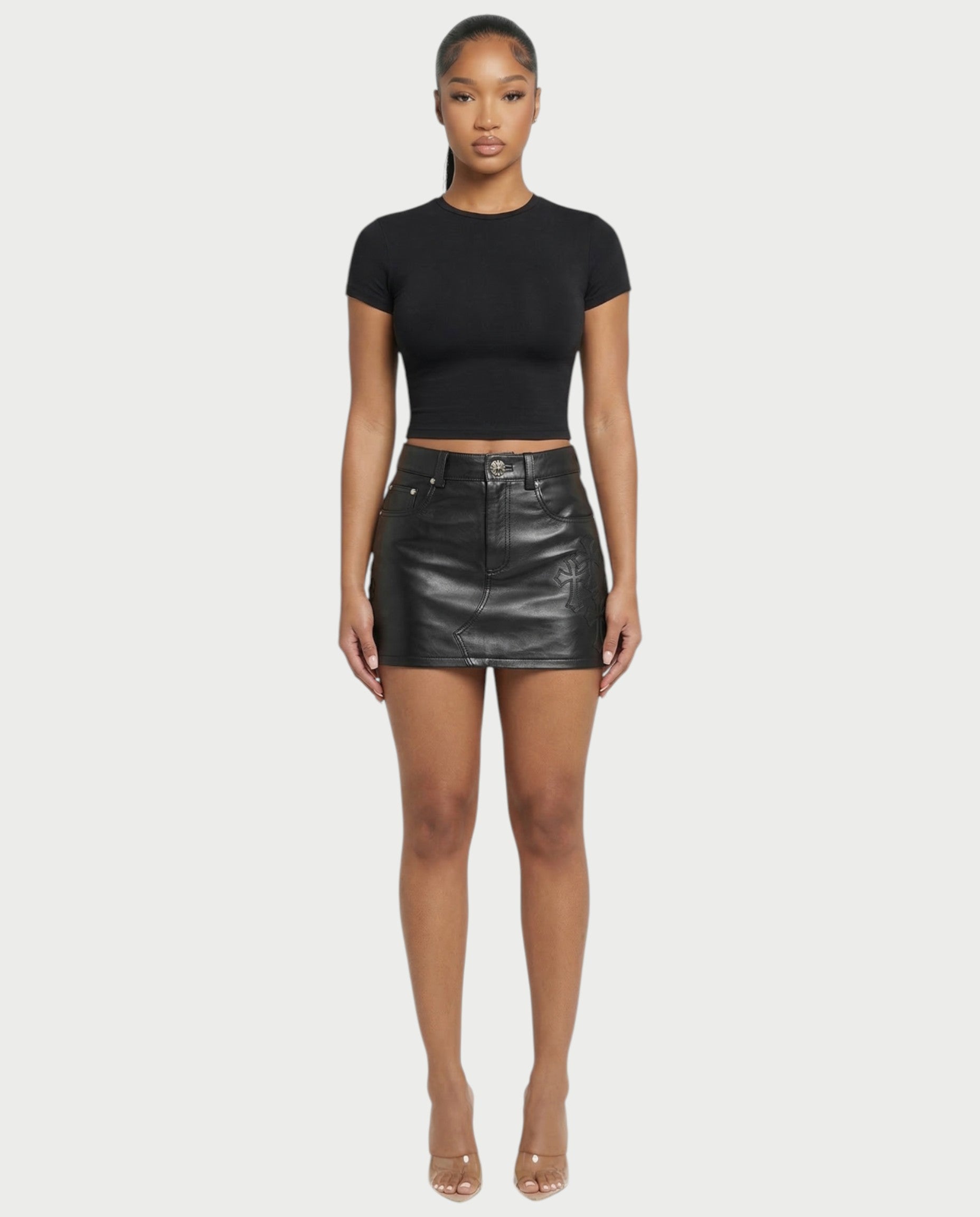GABRINA Embossed Cross Leather Mini Skirt