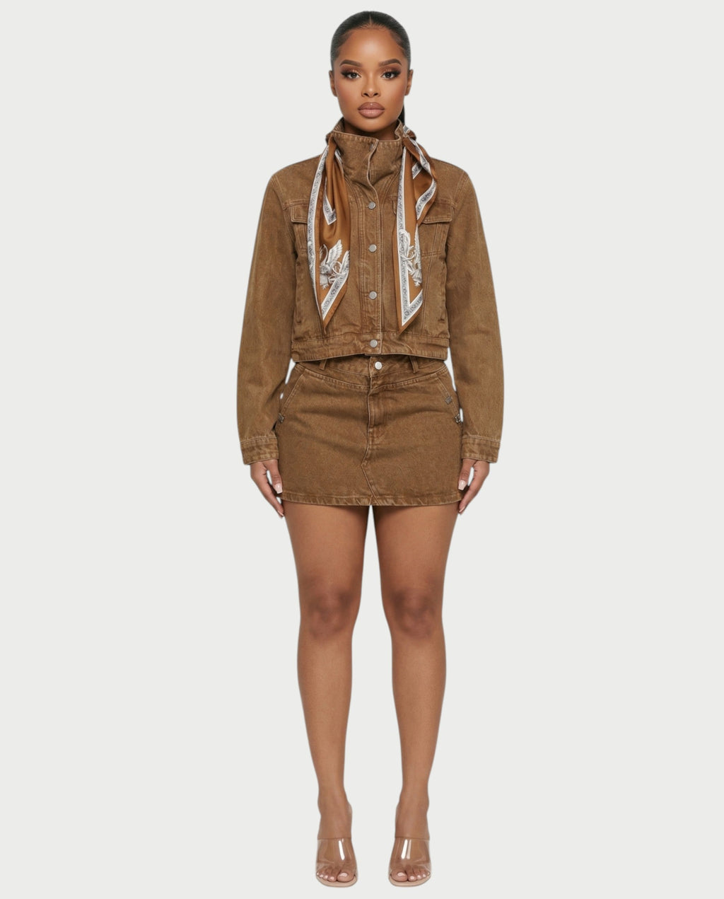 ROXIE Washed Denim Jacket with Scarf & Mini Skirt Set
