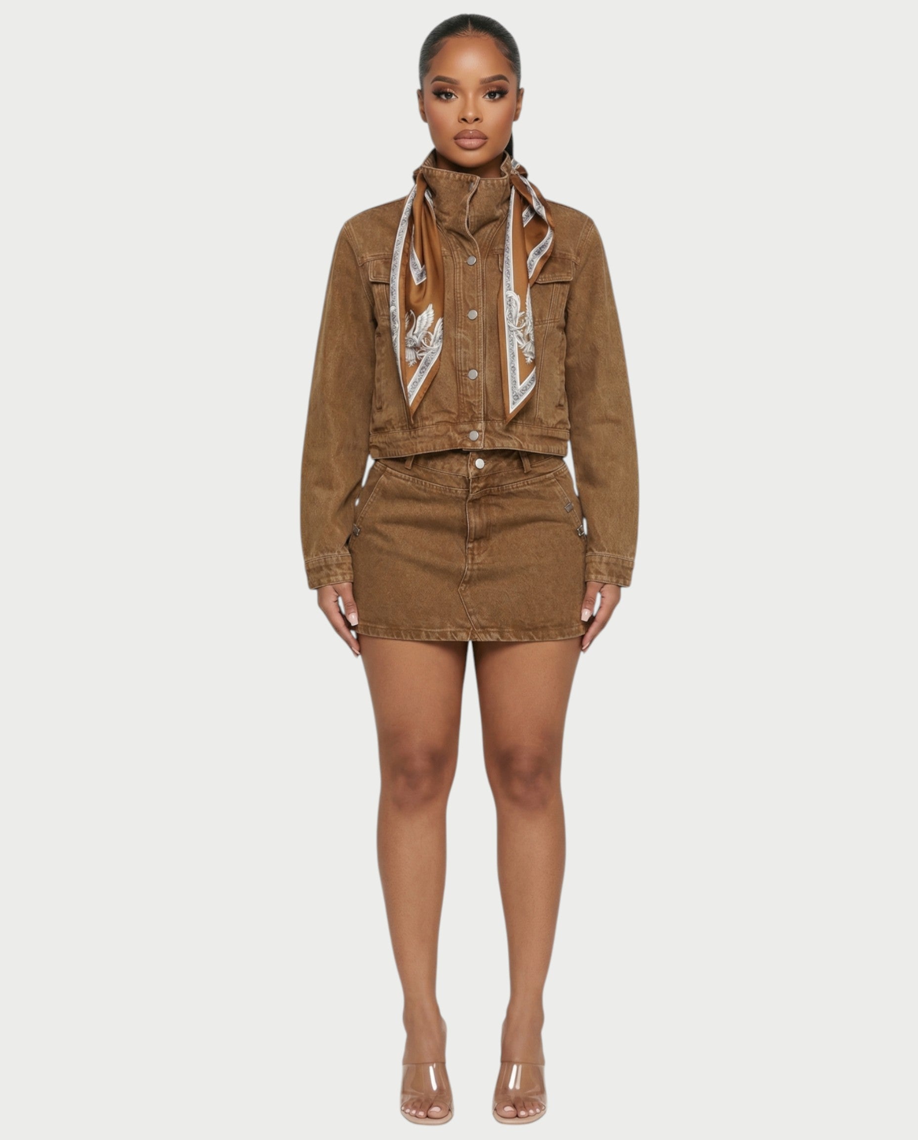 ROXIE Washed Denim Jacket with Scarf & Mini Skirt Set
