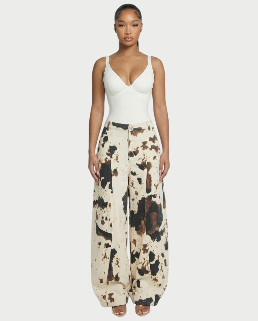 YUMINA Low-Rise Cow Print Wide Leg Pants