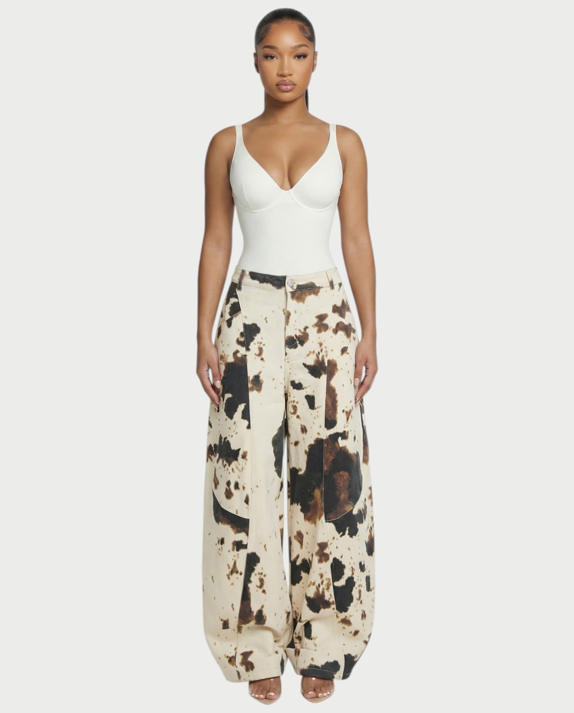 YUMINA Low-Rise Cow Print Wide Leg Pants