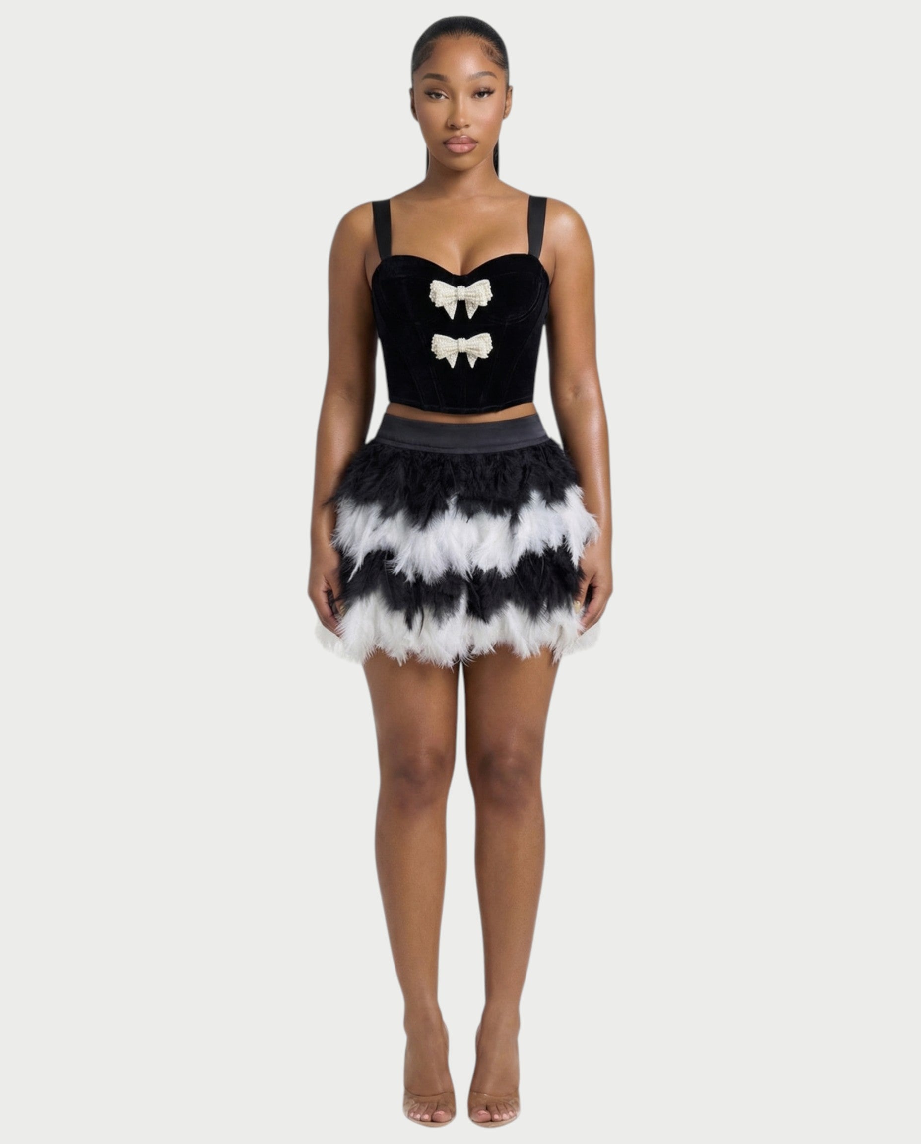 HALEYA Bow-Detail Corset Top & Feather Mini Skirt Set
