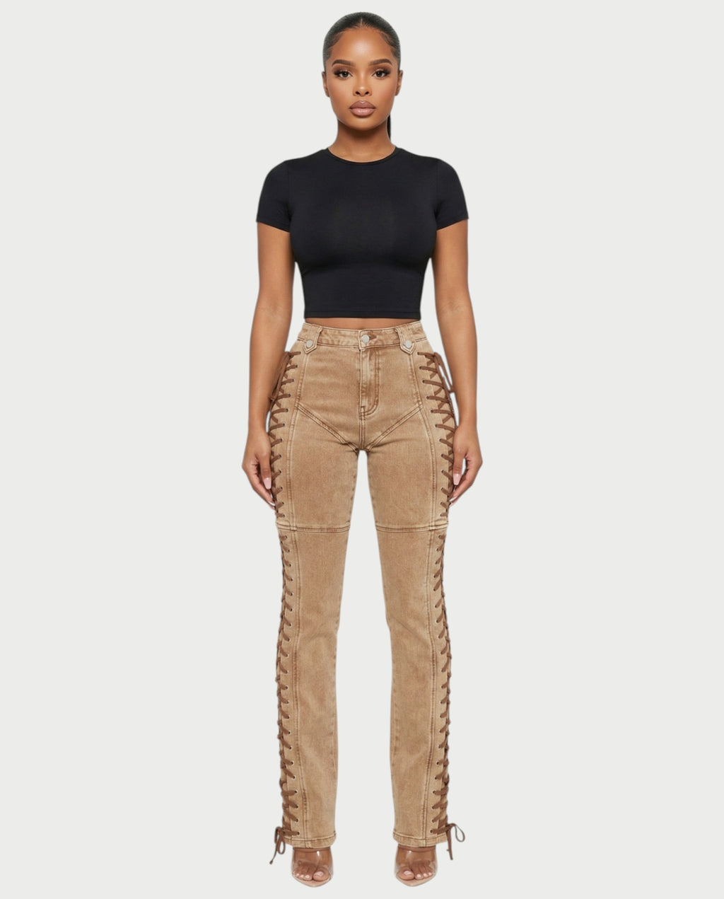 MAEVA Lace-Up Side Detail High-Waist Straight-Leg Pants