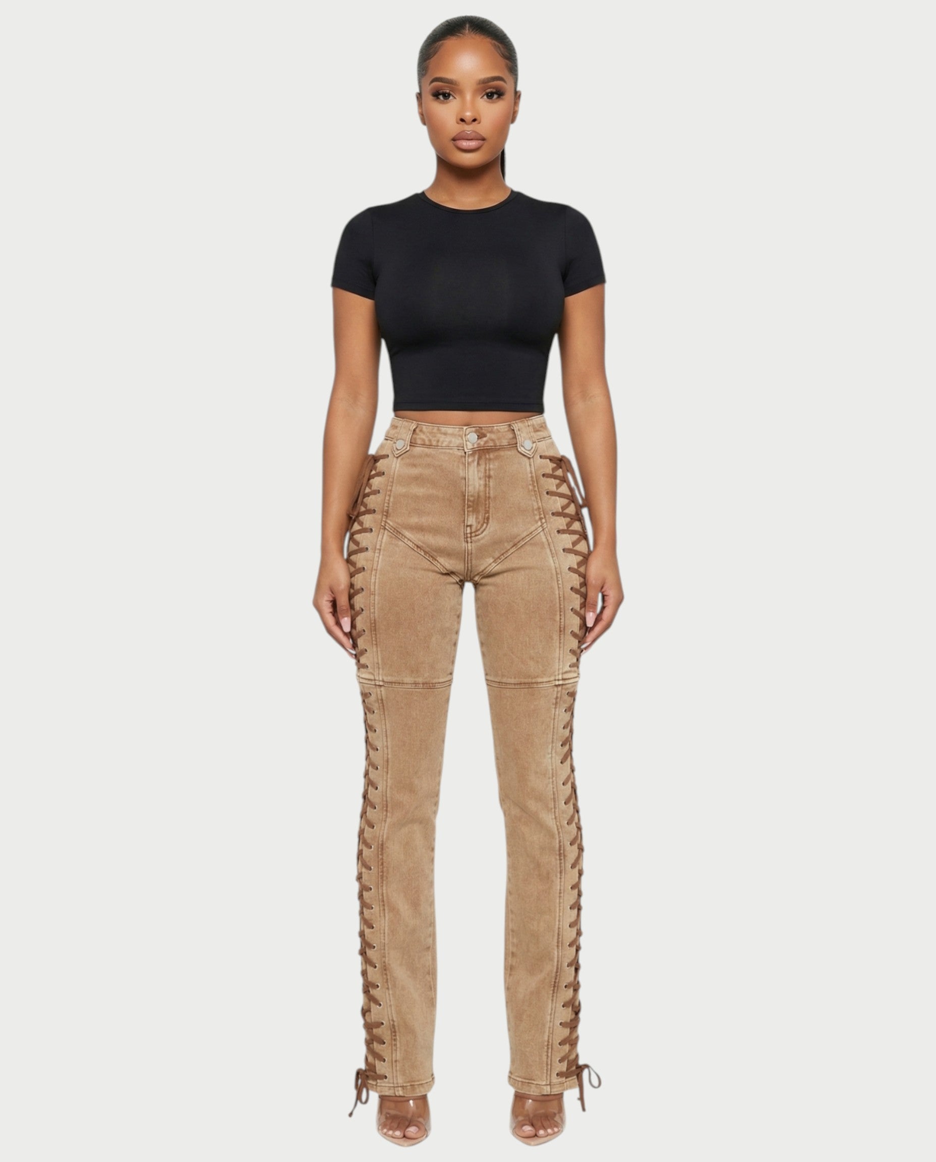 MAEVA Lace-Up Side Detail High-Waist Straight-Leg Pants