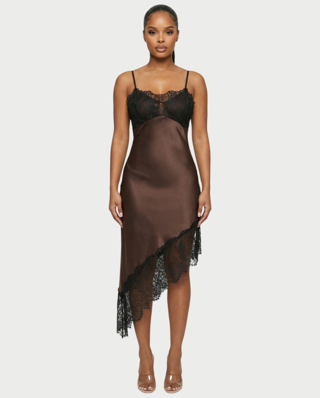 KARISA Sheer Lace Satin Midi Dress