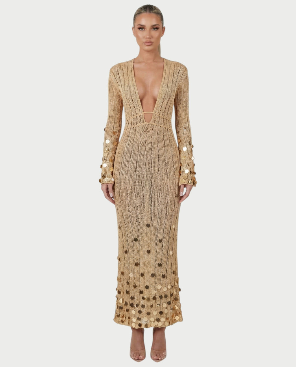 LERAYA Deep Plunge Knit Sequin Maxi Dress