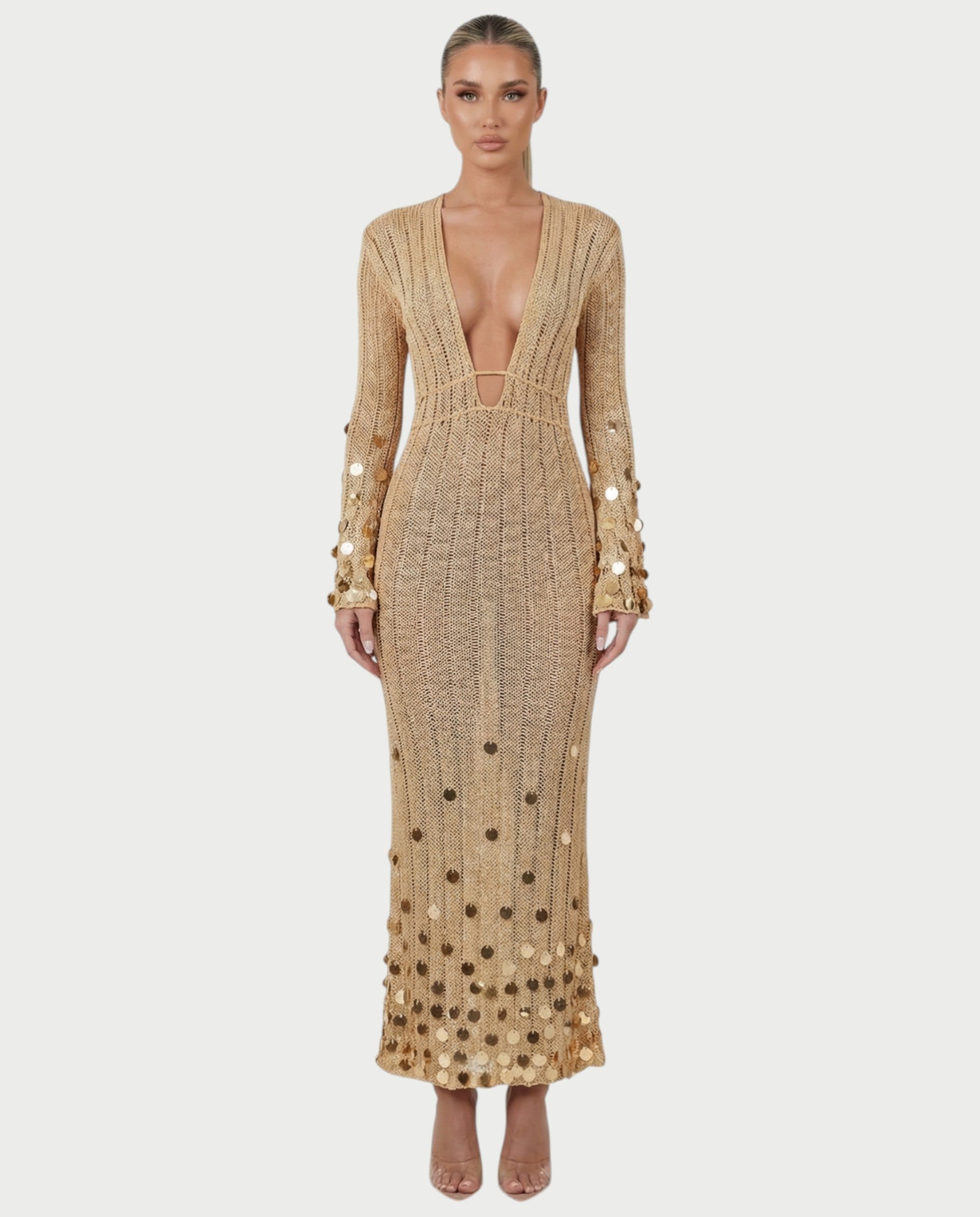 LERAYA Deep Plunge Knit Sequin Maxi Dress