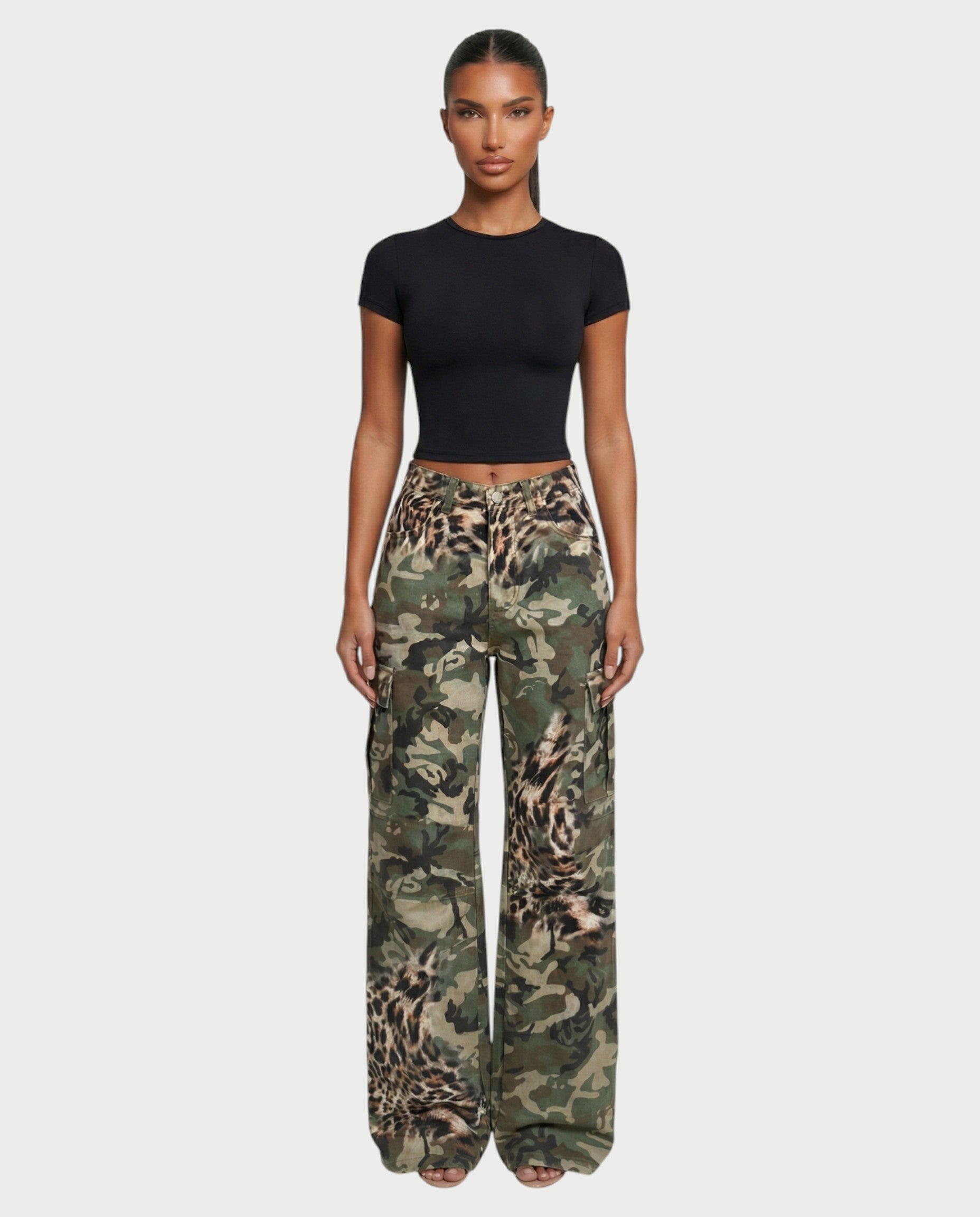 DIONE Camo & Leopard Graphic Cargo Pants