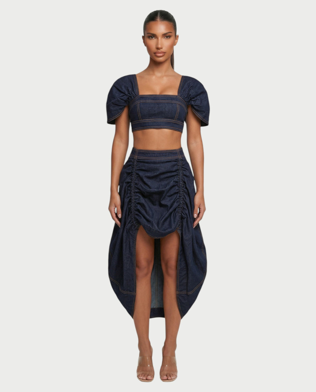 SOWIE Denim Puff Sleeve Top & Ruched Skirt Set