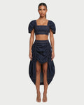 SOWIE Denim Puff Sleeve Top & Ruched Skirt Set