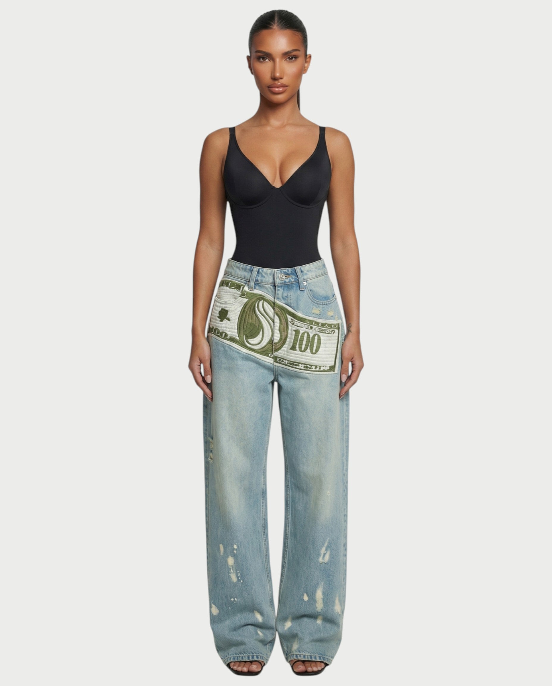RONEYA Money Print Washed Denim Wide-Leg Pants