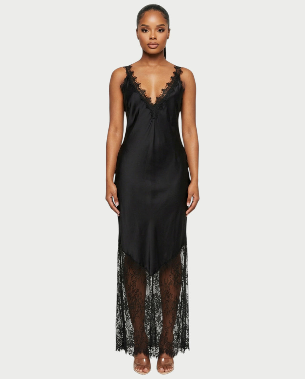 ADELYA Lace Trim Satin Slip Maxi Dress
