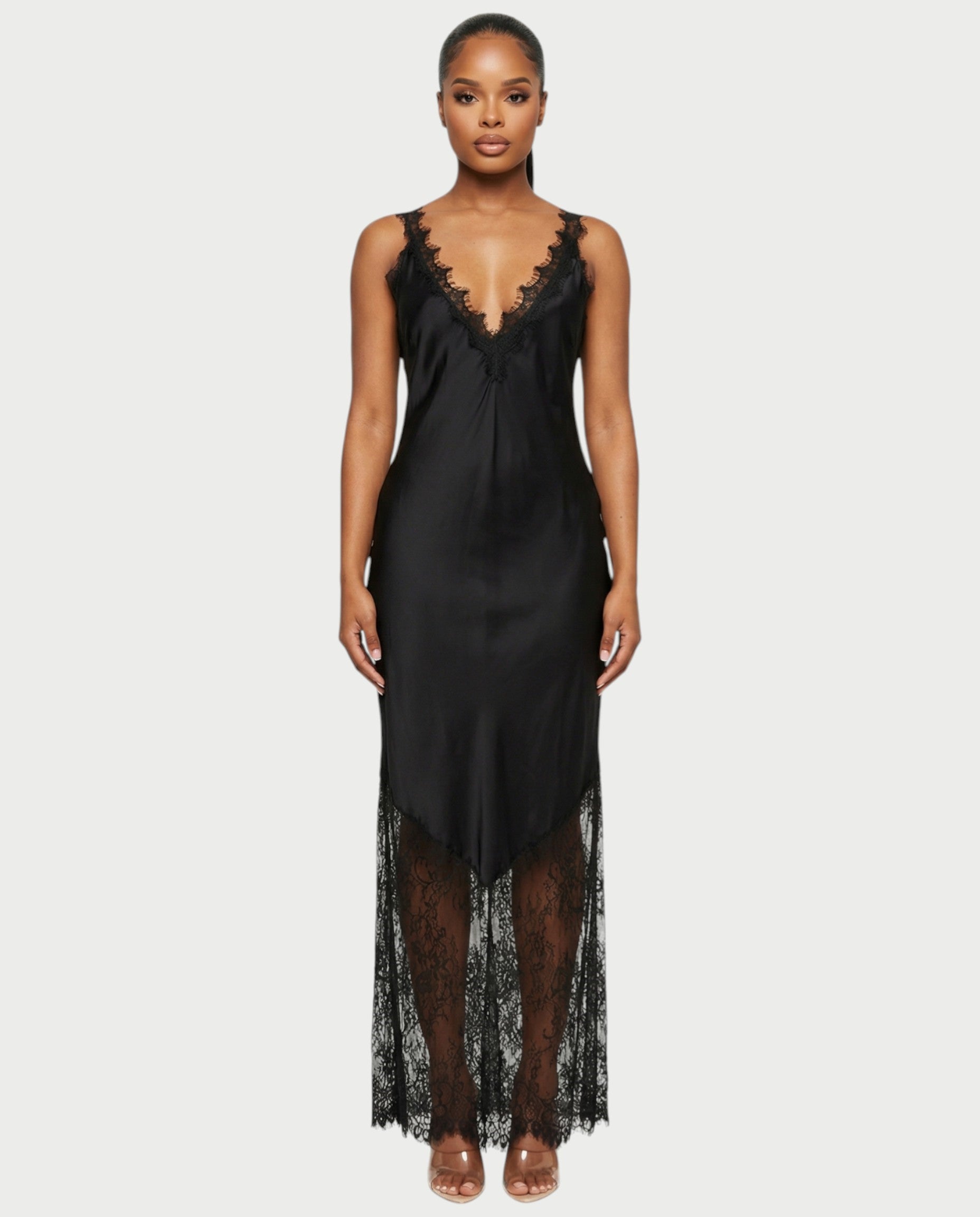 ADELYA Lace Trim Satin Slip Maxi Dress