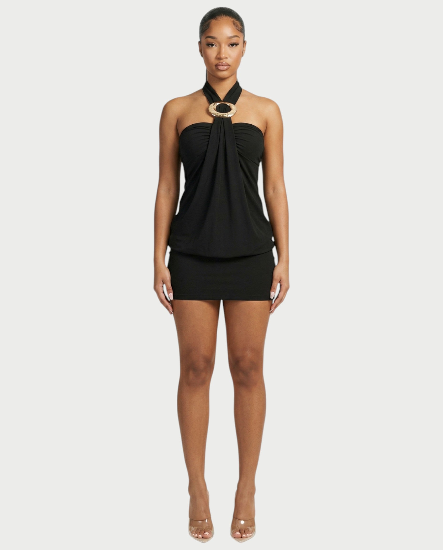EVIANA O-Ring Halter Draped Bodycon Mini Dress