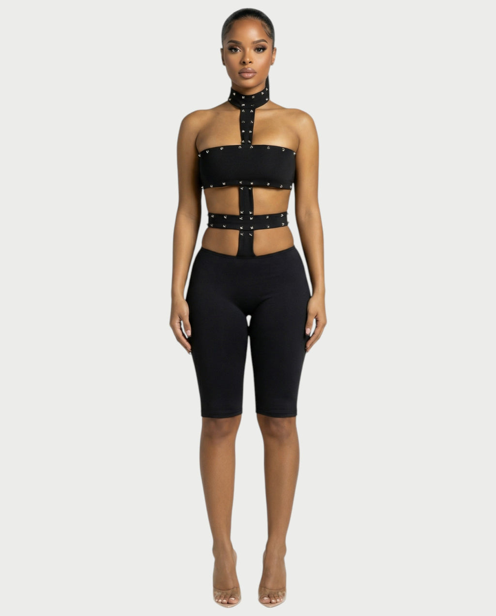 TARCY Studded Cutout High-Neck Romper